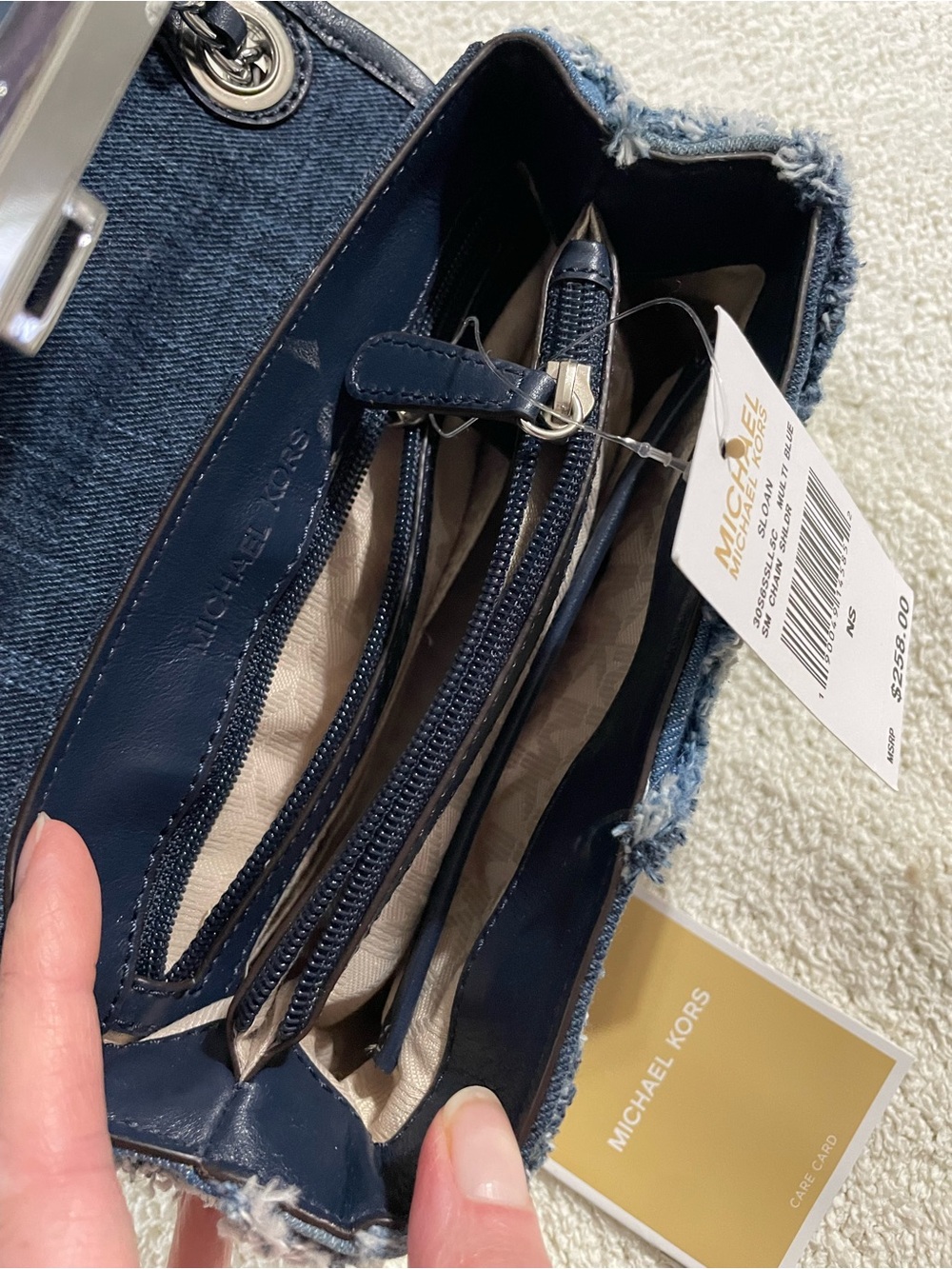 Michael Kors Two-Tone Blue Frayed Denim Chain Crossbody - Picture 5 of 8